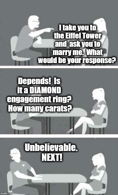 Speed Dating | I take you to the Eiffel Tower and  ask you to marry me.  What would be your response? Depends!  Is it a DIAMOND engagement ring?  How many carats? Unbelievable.  NEXT! | image tagged in speed dating | made w/ Imgflip meme maker