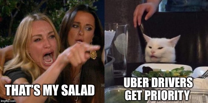 Uber Cat | UBER DRIVERS GET PRIORITY; THAT’S MY SALAD | image tagged in memes,woman yelling at cat,uber | made w/ Imgflip meme maker