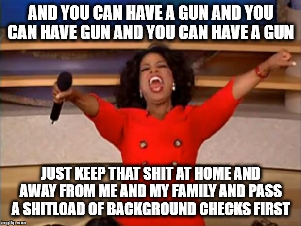 Oprah You Get A Meme | AND YOU CAN HAVE A GUN AND YOU CAN HAVE GUN AND YOU CAN HAVE A GUN JUST KEEP THAT SHIT AT HOME AND AWAY FROM ME AND MY FAMILY AND PASS A SHI | image tagged in memes,oprah you get a | made w/ Imgflip meme maker