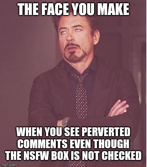 Face You Make Robert Downey Jr Meme | THE FACE YOU MAKE; WHEN YOU SEE PERVERTED COMMENTS EVEN THOUGH THE NSFW BOX IS NOT CHECKED | image tagged in memes,face you make robert downey jr | made w/ Imgflip meme maker