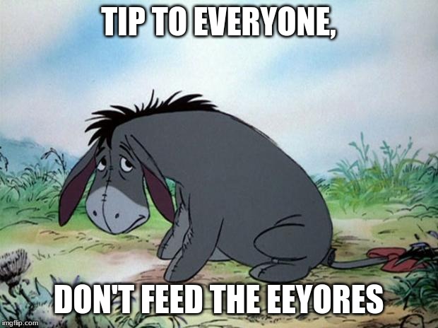 Don't feed the Eeyores | TIP TO EVERYONE, DON'T FEED THE EEYORES | image tagged in eeyore | made w/ Imgflip meme maker