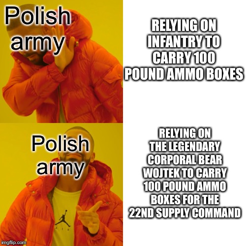 Drake Hotline Bling | RELYING ON INFANTRY TO CARRY 100 POUND AMMO BOXES; Polish army; RELYING ON THE LEGENDARY CORPORAL BEAR WOJTEK TO CARRY 100 POUND AMMO BOXES FOR THE 22ND SUPPLY COMMAND; Polish army | image tagged in memes,drake hotline bling | made w/ Imgflip meme maker