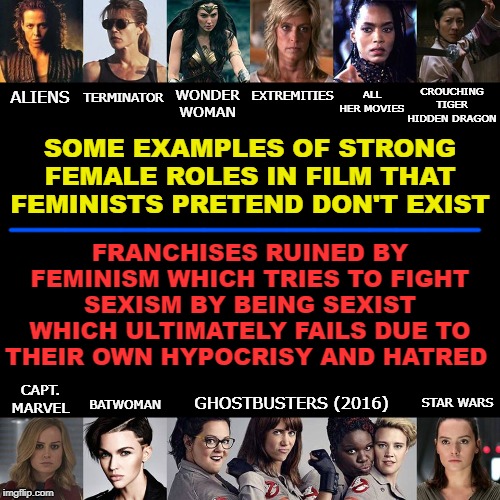 Feminism in the entertainment industry is ruining movies, t.v. series and franchises. | SOME EXAMPLES OF STRONG FEMALE ROLES IN FILM THAT FEMINISTS PRETEND DON'T EXIST; CROUCHING TIGER HIDDEN DRAGON; ALL HER MOVIES; EXTREMITIES; WONDER WOMAN; TERMINATOR; ALIENS; FRANCHISES RUINED BY FEMINISM WHICH TRIES TO FIGHT SEXISM BY BEING SEXIST WHICH ULTIMATELY FAILS DUE TO THEIR OWN HYPOCRISY AND HATRED; _________________; CAPT. MARVEL; BATWOMAN; GHOSTBUSTERS (2016); STAR WARS | image tagged in feminism ruining movies,inclusivity done the wrong way,female empowerment,girl power,sjw's ruining movies,reversed sexism | made w/ Imgflip meme maker