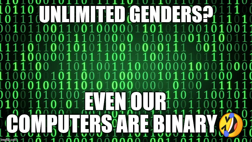 Binary | UNLIMITED GENDERS? EVEN OUR COMPUTERS ARE BINARY🤣 | image tagged in binary | made w/ Imgflip meme maker