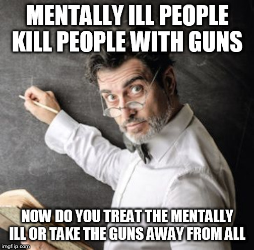 professor | MENTALLY ILL PEOPLE KILL PEOPLE WITH GUNS; NOW DO YOU TREAT THE MENTALLY ILL OR TAKE THE GUNS AWAY FROM ALL | image tagged in professor | made w/ Imgflip meme maker