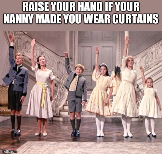 So Long, Farewell, Auf Wiedersehen, Goodbye | RAISE YOUR HAND IF YOUR NANNY MADE YOU WEAR CURTAINS | image tagged in so long farewell auf wiedersehen goodbye | made w/ Imgflip meme maker