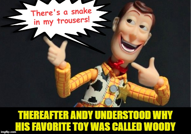 It's boot. In your boot! | There's a snake
in my trousers! THEREAFTER ANDY UNDERSTOOD WHY
HIS FAVORITE TOY WAS CALLED WOODY | image tagged in morning woody,memes,there's a snake in my boot,trouser snake | made w/ Imgflip meme maker