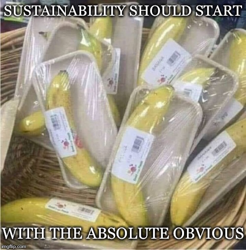 We’ve gone bananas | SUSTAINABILITY SHOULD START; WITH THE ABSOLUTE OBVIOUS | image tagged in bananas,packaging,plastic,unsustainable | made w/ Imgflip meme maker