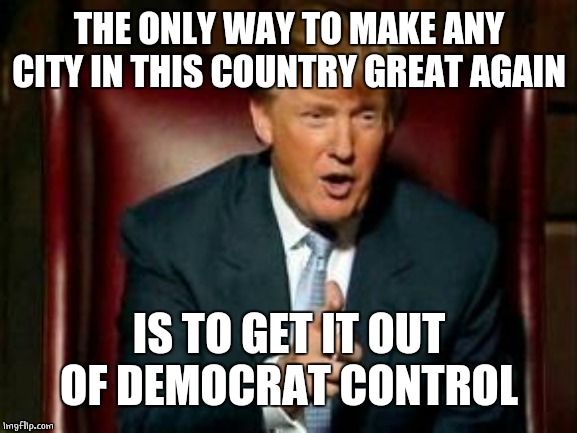 Donald Trump | THE ONLY WAY TO MAKE ANY CITY IN THIS COUNTRY GREAT AGAIN IS TO GET IT OUT OF DEMOCRAT CONTROL | image tagged in donald trump | made w/ Imgflip meme maker