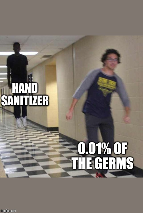 floating boy chasing running boy HAND SANITIZER; 0.01% OF THE GERMS image t...