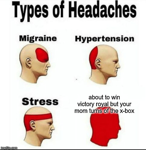 Types of Headaches meme | about to win victory royal but your mom turns of the x-box | image tagged in types of headaches meme | made w/ Imgflip meme maker