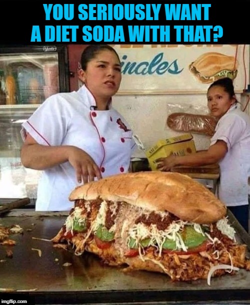 Why even bother? | YOU SERIOUSLY WANT A DIET SODA WITH THAT? | image tagged in now that's a sandwich,memes,eating well,funny,trying to diet,diets | made w/ Imgflip meme maker