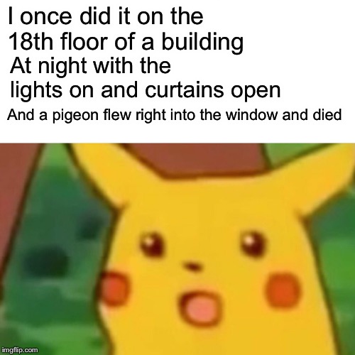 Surprised Pikachu Meme | I once did it on the 18th floor of a building At night with the lights on and curtains open And a pigeon flew right into the window and died | image tagged in memes,surprised pikachu | made w/ Imgflip meme maker