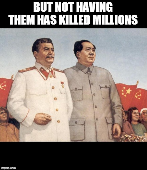 Stalin and Mao | BUT NOT HAVING THEM HAS KILLED MILLIONS | image tagged in stalin and mao | made w/ Imgflip meme maker