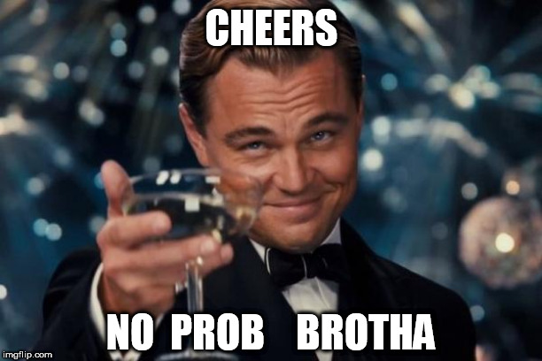 Leonardo Dicaprio Cheers Meme | CHEERS NO  PROB    BROTHA | image tagged in memes,leonardo dicaprio cheers | made w/ Imgflip meme maker