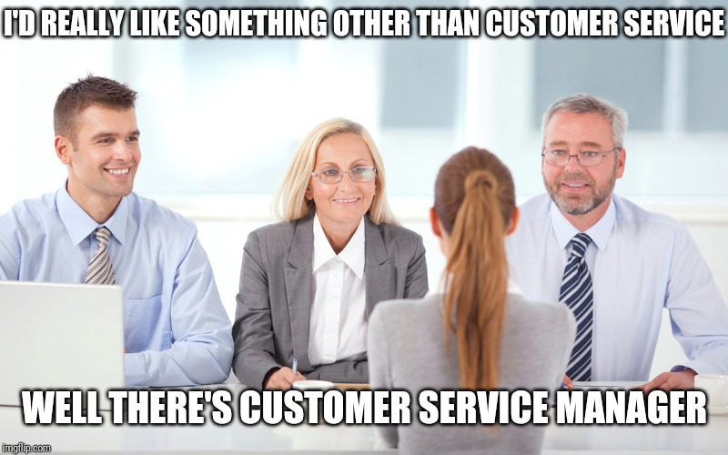 Female job applicant | I'D REALLY LIKE SOMETHING OTHER THAN CUSTOMER SERVICE; WELL THERE'S CUSTOMER SERVICE MANAGER | image tagged in job interviewer,retail | made w/ Imgflip meme maker
