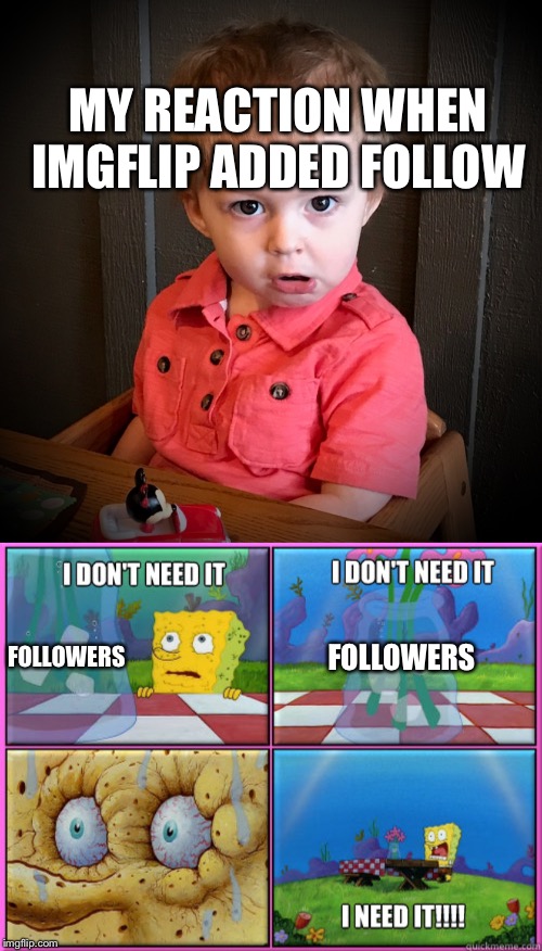 MY REACTION WHEN IMGFLIP ADDED FOLLOW; FOLLOWERS; FOLLOWERS | image tagged in i dont need it,my face when | made w/ Imgflip meme maker