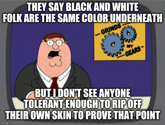 Peter Griffin's logic on racism | THEY SAY BLACK AND WHITE FOLK ARE THE SAME COLOR UNDERNEATH; BUT I DON'T SEE ANYONE TOLERANT ENOUGH TO RIP OFF THEIR OWN SKIN TO PROVE THAT POINT | image tagged in memes,peter griffin news | made w/ Imgflip meme maker