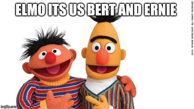 bert and ernie | ELMO ITS US BERT AND ERNIE | image tagged in bert and ernie | made w/ Imgflip meme maker