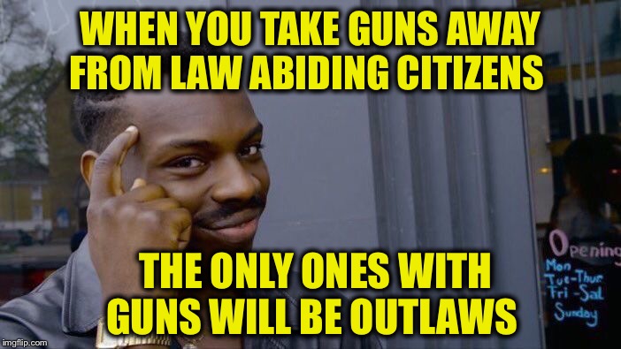 Roll Safe Think About It Meme | WHEN YOU TAKE GUNS AWAY FROM LAW ABIDING CITIZENS THE ONLY ONES WITH GUNS WILL BE OUTLAWS | image tagged in memes,roll safe think about it | made w/ Imgflip meme maker