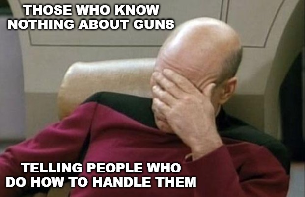Captain Picard Facepalm Meme | THOSE WHO KNOW NOTHING ABOUT GUNS TELLING PEOPLE WHO DO HOW TO HANDLE THEM | image tagged in memes,captain picard facepalm | made w/ Imgflip meme maker