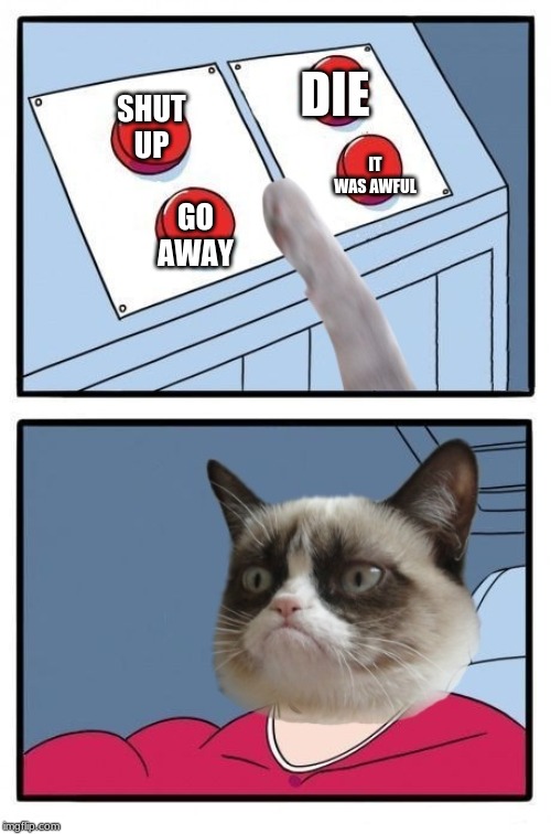 Is It Too Much To Ask For Both? | DIE; SHUT UP; IT WAS AWFUL; GO AWAY | image tagged in memes,grumpy cat | made w/ Imgflip meme maker