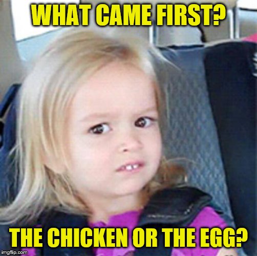 Its Confusing | WHAT CAME FIRST? THE CHICKEN OR THE EGG? | image tagged in confused little girl | made w/ Imgflip meme maker