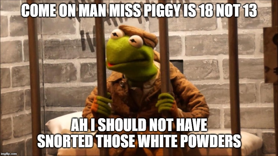 Kermit in jail | COME ON MAN MISS PIGGY IS 18 NOT 13; AH I SHOULD NOT HAVE SNORTED THOSE WHITE POWDERS | image tagged in kermit in jail | made w/ Imgflip meme maker