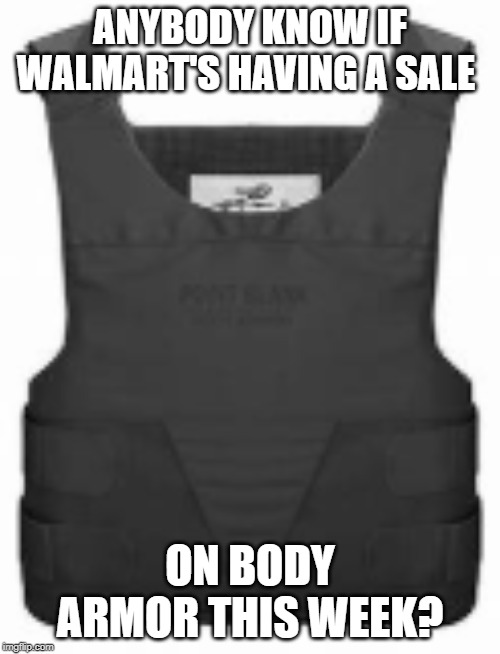 Wallymart Sale | ANYBODY KNOW IF WALMART'S HAVING A SALE; ON BODY ARMOR THIS WEEK? | image tagged in body | made w/ Imgflip meme maker