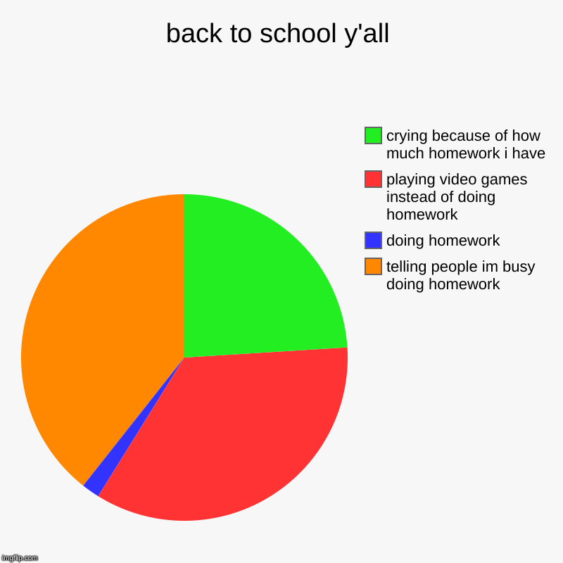 back to school y'all | telling people im busy doing homework, doing homework, playing video games instead of doing homework, crying because  | image tagged in charts,pie charts,back to school,homework,depression sadness hurt pain anxiety,im busy mom | made w/ Imgflip chart maker