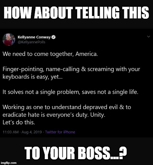 Pot to kettle? | HOW ABOUT TELLING THIS; TO YOUR BOSS...? | image tagged in trumpterrorism,donald trump,kellyanne conway | made w/ Imgflip meme maker