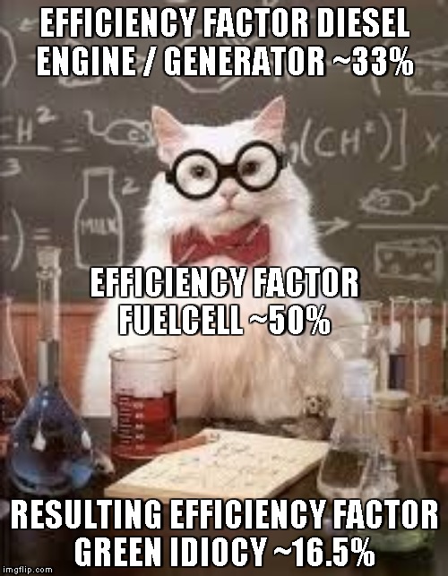 SMART CAT | EFFICIENCY FACTOR DIESEL
ENGINE / GENERATOR ~33% RESULTING EFFICIENCY FACTOR
GREEN IDIOCY ~16.5% EFFICIENCY FACTOR
FUELCELL ~50% | image tagged in smart cat | made w/ Imgflip meme maker