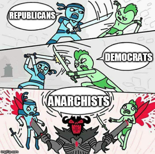 Sword fight | REPUBLICANS; DEMOCRATS; ANARCHISTS | image tagged in sword fight,republican,republicans,democrat,democrats,anarchists | made w/ Imgflip meme maker