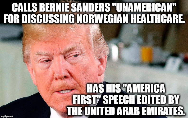 This is factual. Look it up. | CALLS BERNIE SANDERS "UNAMERICAN" FOR DISCUSSING NORWEGIAN HEALTHCARE. HAS HIS "AMERICA FIRST" SPEECH EDITED BY THE UNITED ARAB EMIRATES. | image tagged in donald trump,unamerican,patriot,bernie sanders,united arab emirates,nuclear energy | made w/ Imgflip meme maker
