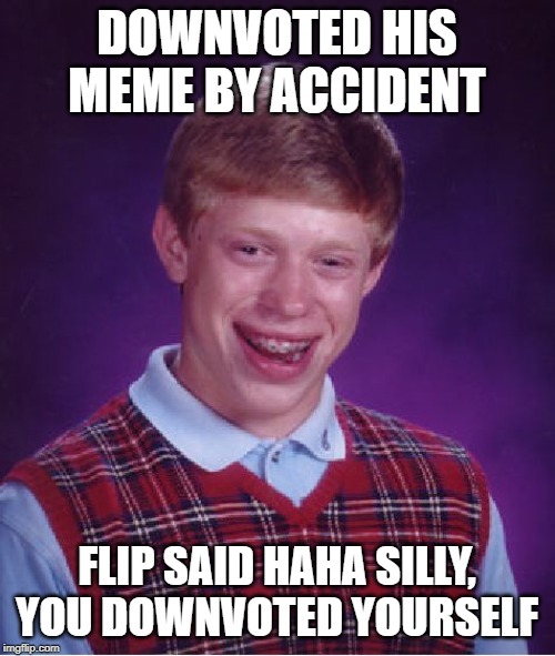 Bad Luck Brian Meme | DOWNVOTED HIS MEME BY ACCIDENT FLIP SAID HAHA SILLY, YOU DOWNVOTED YOURSELF | image tagged in memes,bad luck brian | made w/ Imgflip meme maker