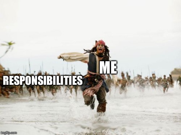 Jack Sparrow Being Chased Meme | ME; RESPONSIBILITIES | image tagged in memes,jack sparrow being chased | made w/ Imgflip meme maker
