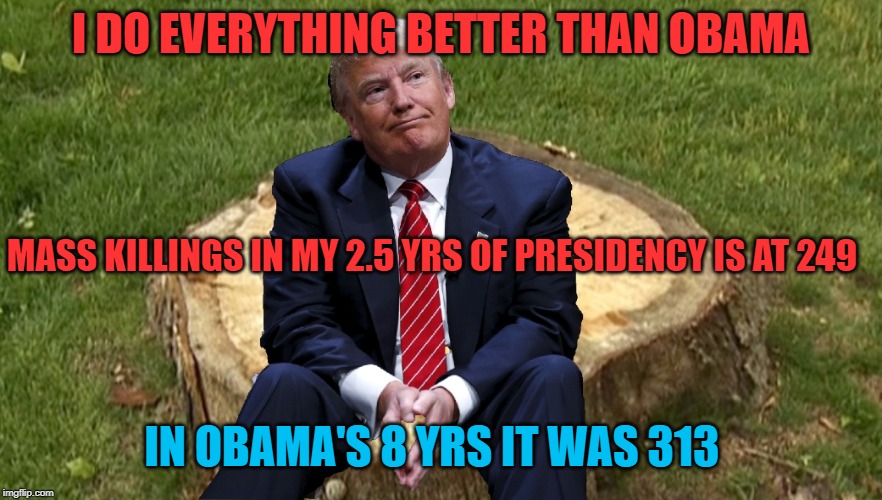 I have accomplished as much in 2.5 yrs as my predecessor did in 8 yrs | I DO EVERYTHING BETTER THAN OBAMA; MASS KILLINGS IN MY 2.5 YRS OF PRESIDENCY IS AT 249; IN OBAMA'S 8 YRS IT WAS 313 | image tagged in trump on a stump,mass shootings | made w/ Imgflip meme maker