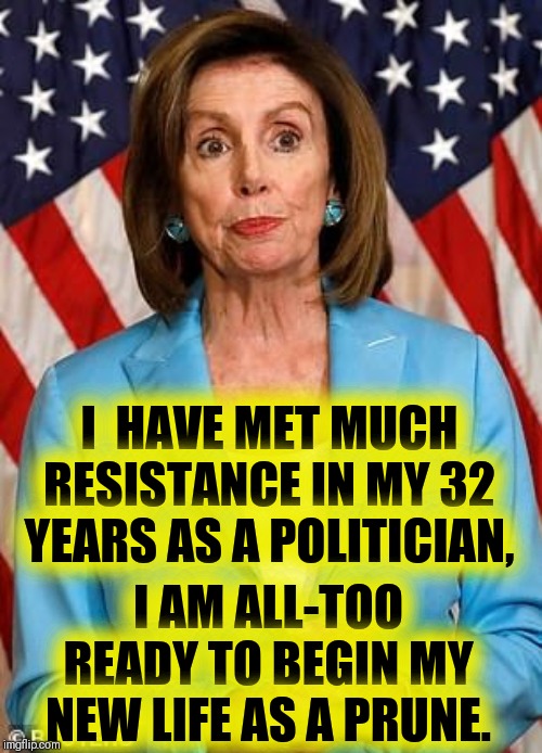 More suited to her new job, Nasty Nancy will be able to work things out |  I  HAVE MET MUCH RESISTANCE IN MY 32 YEARS AS A POLITICIAN, I AM ALL-TOO READY TO BEGIN MY NEW LIFE AS A PRUNE. | image tagged in vince vance,prunes,laxative,speaker of the house,nancy pelosi,resistence | made w/ Imgflip meme maker