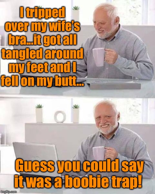 Hide the Pain Harold Meme | I tripped over my wife’s bra...it got all tangled around my feet and I fell on my butt... Guess you could say it was a boobie trap! | image tagged in memes,hide the pain harold,funny,its a trap | made w/ Imgflip meme maker