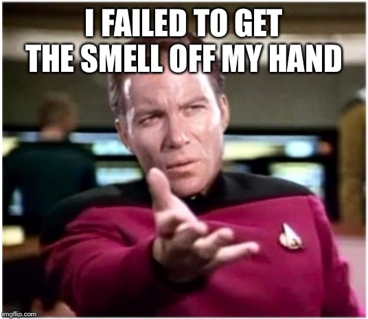 Kirky Star Trek | I FAILED TO GET THE SMELL OFF MY HAND | image tagged in kirky star trek | made w/ Imgflip meme maker