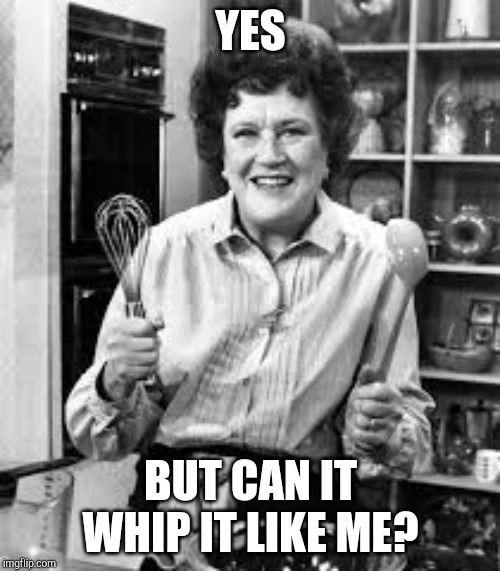 Julia Child | YES BUT CAN IT WHIP IT LIKE ME? | image tagged in julia child | made w/ Imgflip meme maker