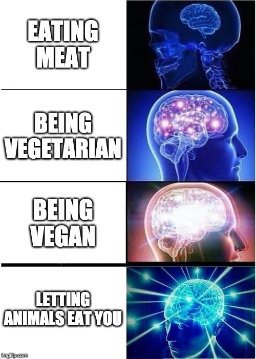 Expanding Brain | EATING MEAT; BEING VEGETARIAN; BEING VEGAN; LETTING ANIMALS EAT YOU | image tagged in memes,expanding brain | made w/ Imgflip meme maker