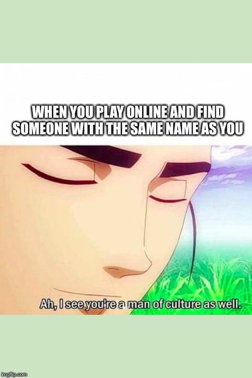 Ah,I see you are a man of culture as well | WHEN YOU PLAY ONLINE AND FIND SOMEONE WITH THE SAME NAME AS YOU | image tagged in ah i see you are a man of culture as well,SmashBrosUltimate | made w/ Imgflip meme maker