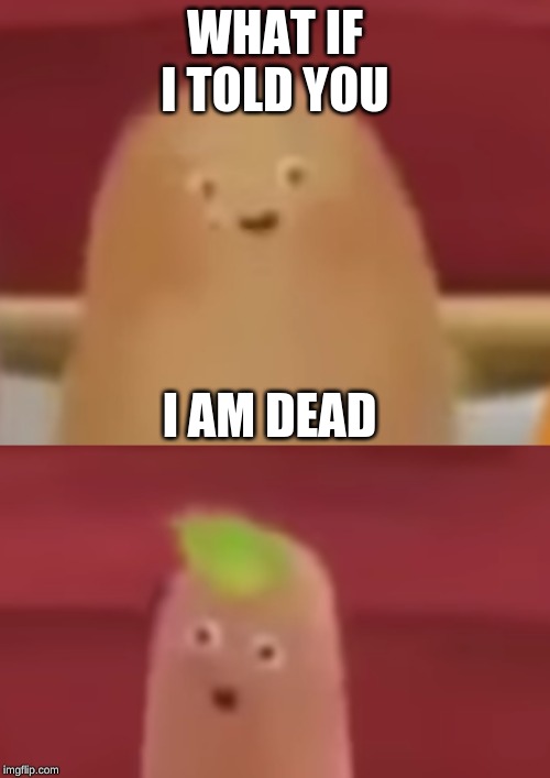 what if i told you i am dead | WHAT IF I TOLD YOU; I AM DEAD | image tagged in the chubby small potato,surprised small potato | made w/ Imgflip meme maker