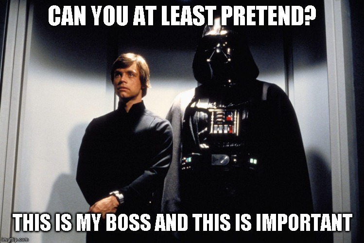 And you think you didn't want to go to bring your kid to work day | CAN YOU AT LEAST PRETEND? THIS IS MY BOSS AND THIS IS IMPORTANT | image tagged in star wars | made w/ Imgflip meme maker