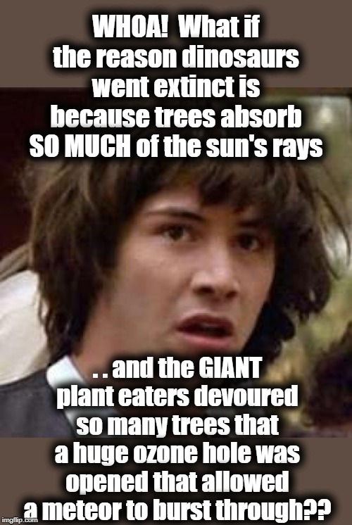 All those dinosaurs did was eat and eat and eat and eat all day! | WHOA!  What if the reason dinosaurs went extinct is because trees absorb SO MUCH of the sun's rays; . . and the GIANT plant eaters devoured so many trees that a huge ozone hole was opened that allowed a meteor to burst through?? | image tagged in memes,conspiracy keanu | made w/ Imgflip meme maker