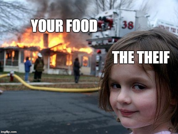 Disaster Girl Meme | THE THEIF YOUR FOOD | image tagged in memes,disaster girl | made w/ Imgflip meme maker