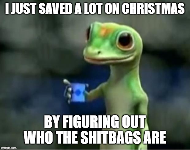 Geico Gecko | I JUST SAVED A LOT ON CHRISTMAS; BY FIGURING OUT WHO THE SHITBAGS ARE | image tagged in geico gecko | made w/ Imgflip meme maker