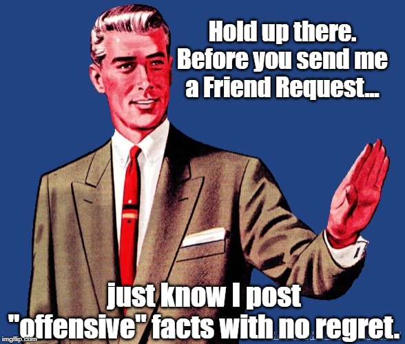 Friend Request |  Hold up there. Before you send me a Friend Request... just know I post "offensive" facts with no regret. | image tagged in whoa there template,facebook,friend request,offensive | made w/ Imgflip meme maker