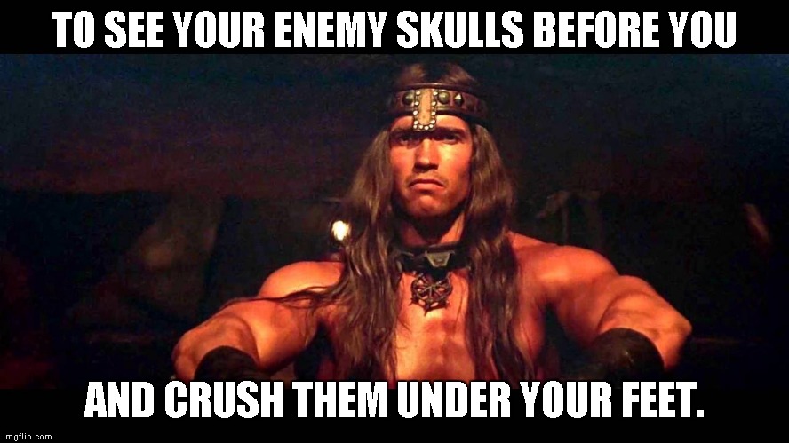 Conan The Barbarian  | TO SEE YOUR ENEMY SKULLS BEFORE YOU AND CRUSH THEM UNDER YOUR FEET. | image tagged in conan the barbarian | made w/ Imgflip meme maker